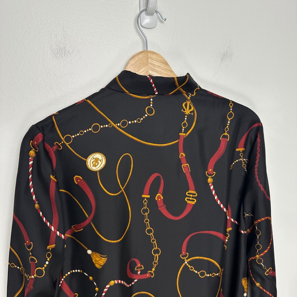 Lilysilk Louisville Print Silk Shirt Black Equestrian Chain Belt Blouse M - Picture 7 of 15